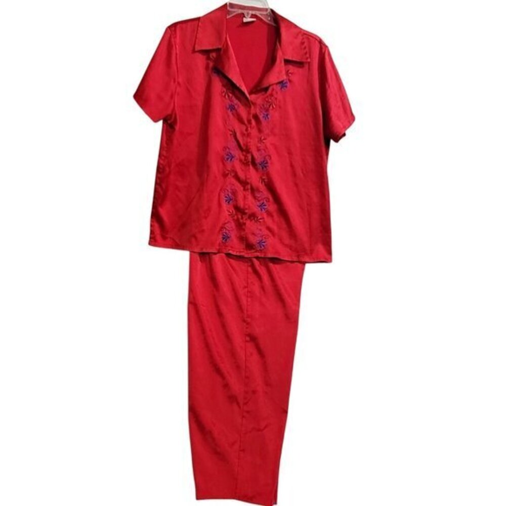 Cabernet Satin Pajama Set M Red Embroidered FLAW